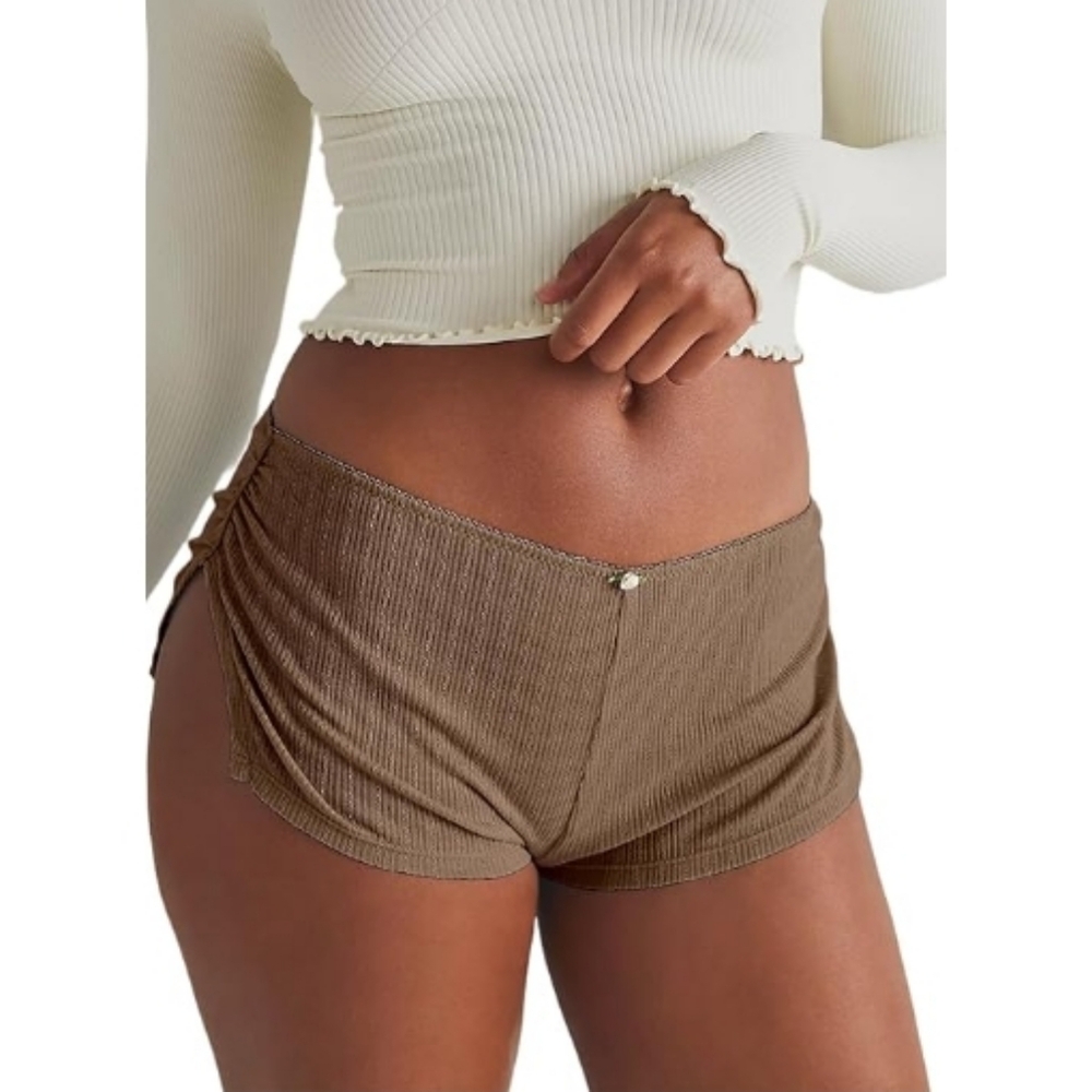 Cute Micro Pajamas Shorts Low Rise Side Slit Ruched Shorts Brown